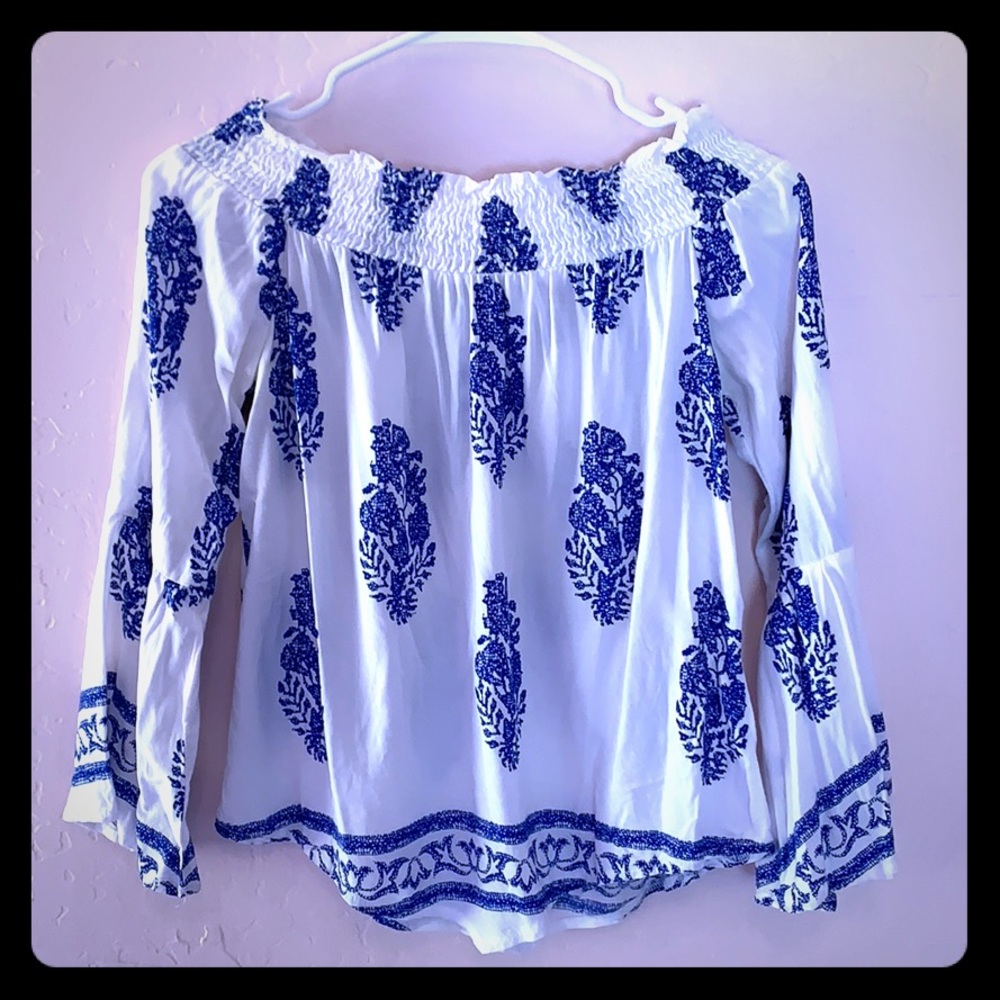 Blue and White off shoulder Greek top